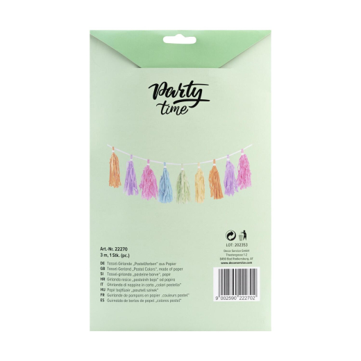 Tassel-Girlande 'Pastellfarben' aus Papier schwer entflammbar 3m, 1 Stk.