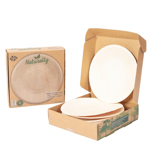 Holzteller Einwegteller aus Pappelholz rund Ø19cm FSC®-zertifiziert, 25 Stk.