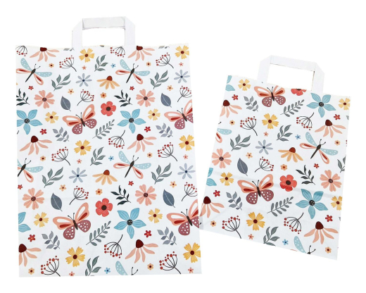 Papiertragetaschen aus Kraftpapier 220+100x280mm mit Schmetterling Motiv weiß, 250 Stk