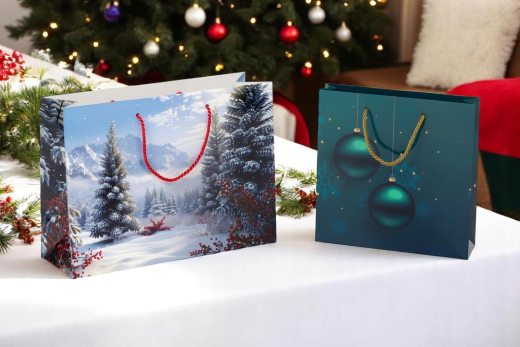 Luxus Papiertragetaschen 360+120x260mm Motiv Winterlandschaft in weiß EAN-Code 190 g/m²